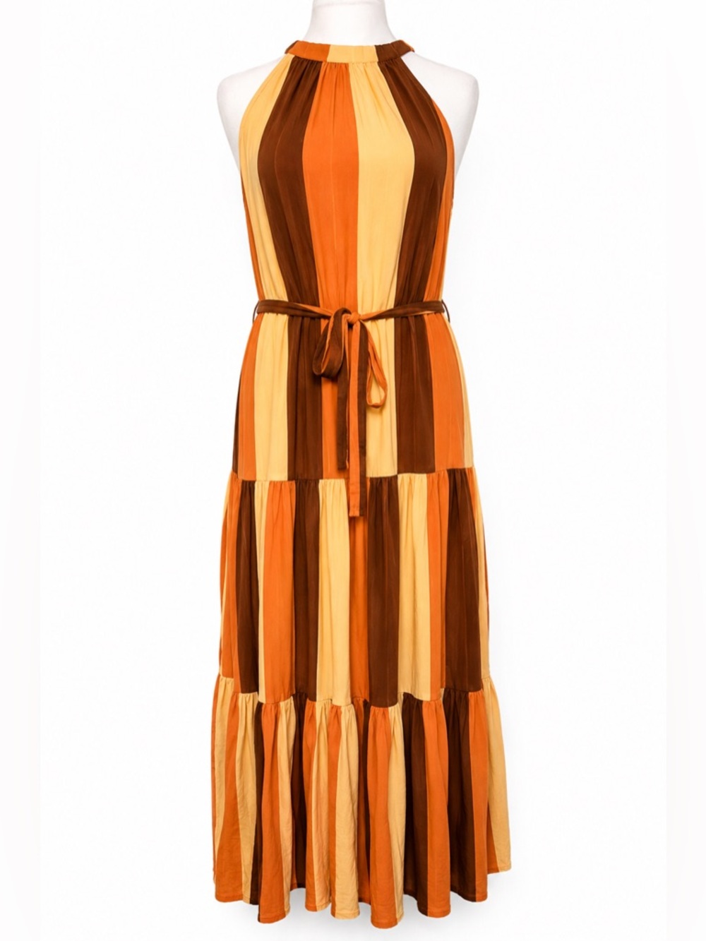 Versona Retro Stripe Halter Maxi Dress Tie Waist Boho Summer Large